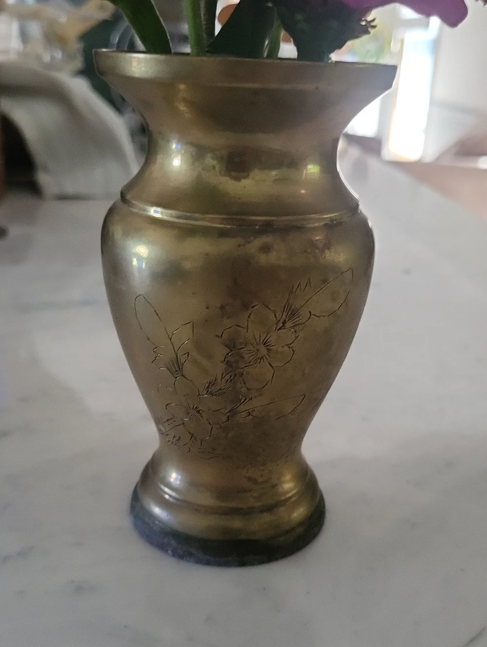 Brass Floral Engraved Vase - Made In Hong Kong
